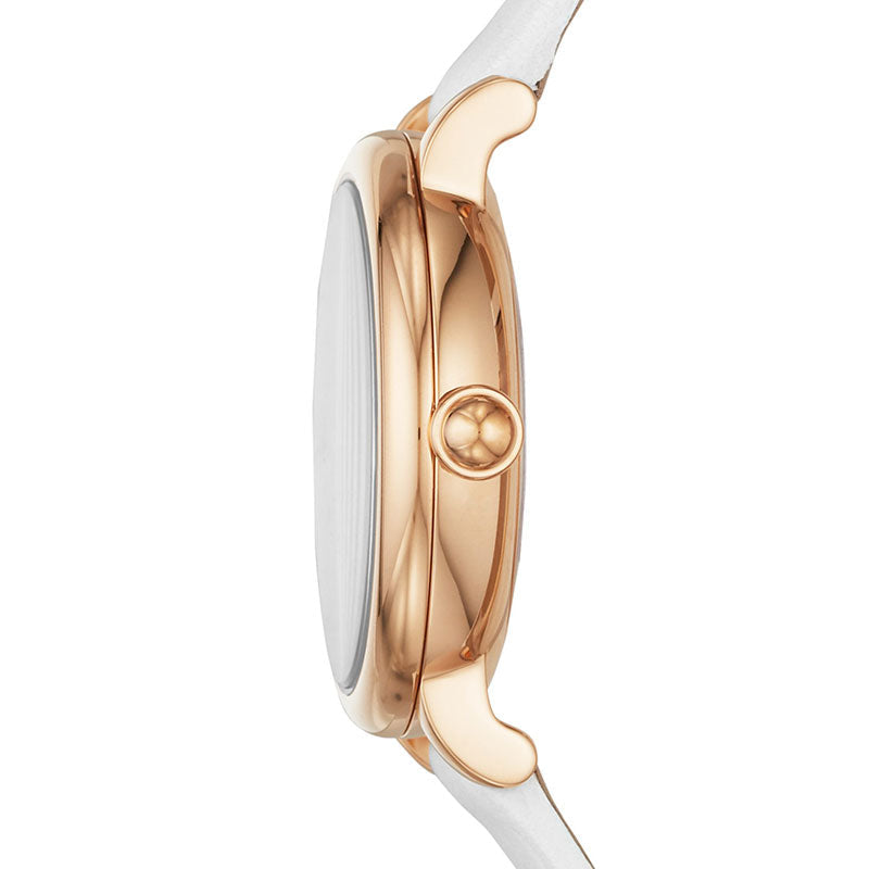Side view of Marc Jacobs Vic rose gold case with white leather strap
