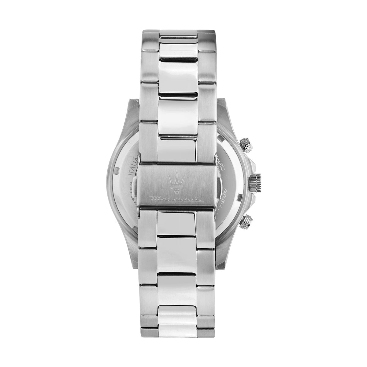 Caseback view of Maserati Competizione watch revealing movement and stainless steel construction