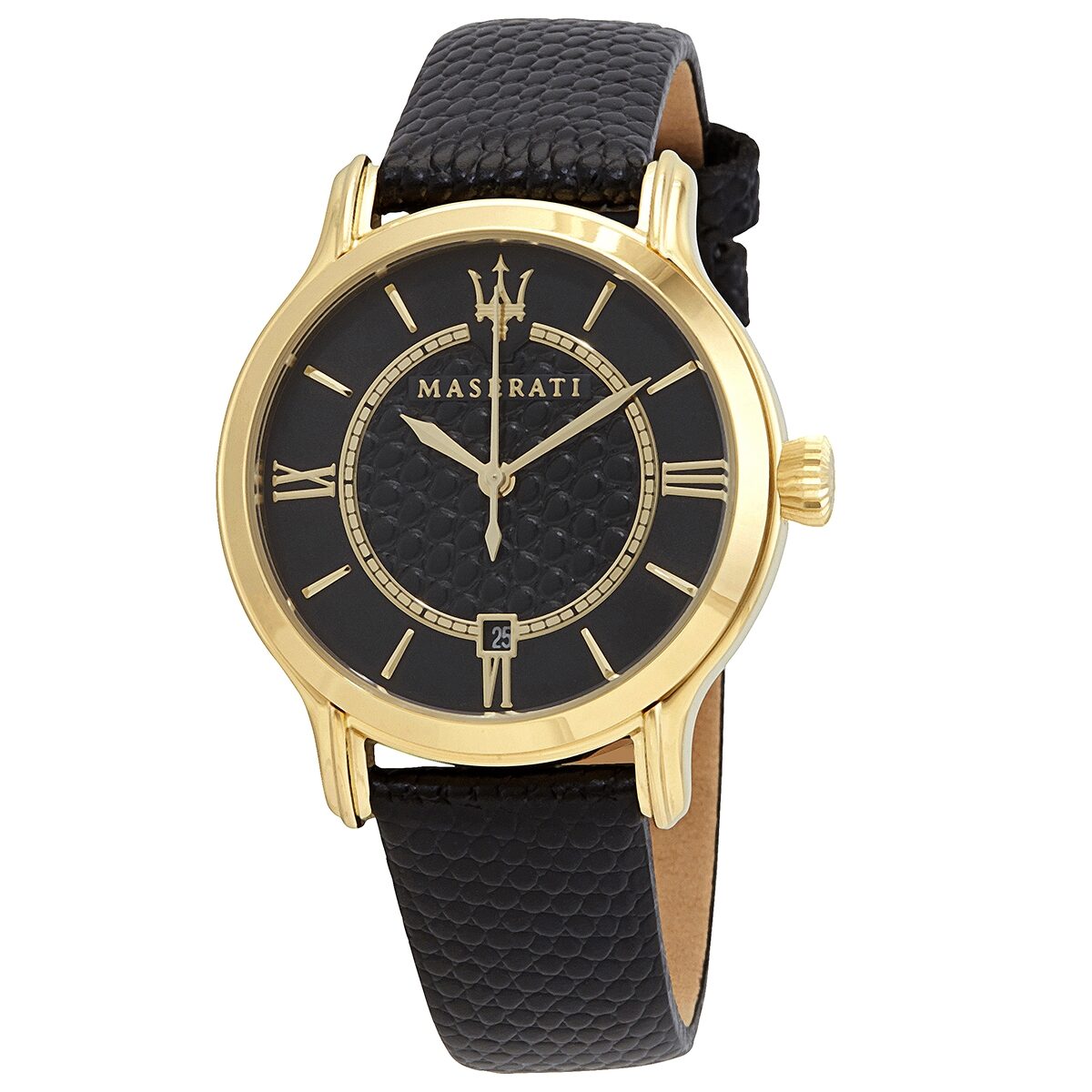 Maserati Epoca ladies watch with black dial, gold-tone case, and black leather strap