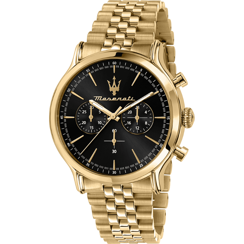 Maserati Epoca gold-tone chronograph with black dial and three subdials