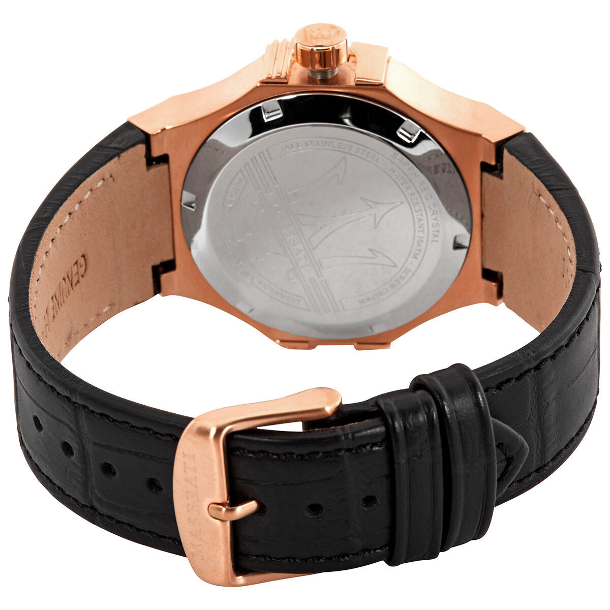 Maserati Potenza watch caseback with rose gold case and black leather strap