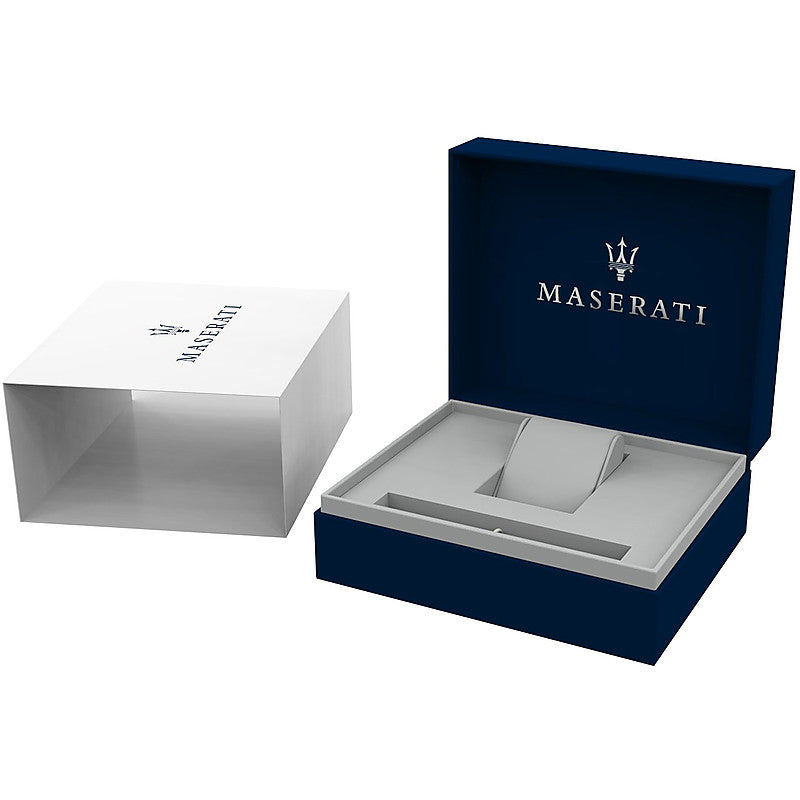Maserati Potenza watch packaging with white outer box and navy blue presentation box with Maserati logo