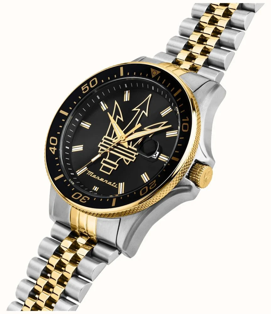 Maserati Sfida watch at angle showing two-tone bracelet and gold bezel