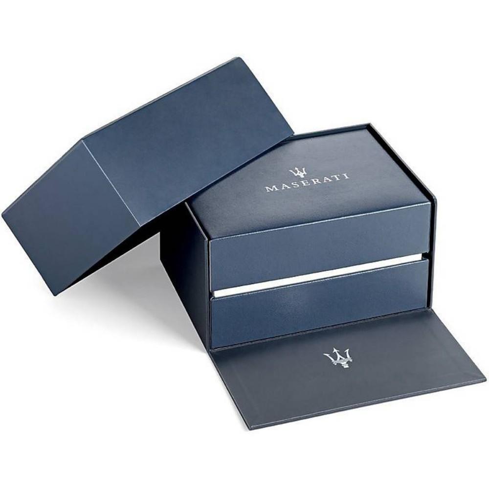 Maserati watch box with navy exterior and white stripe detail