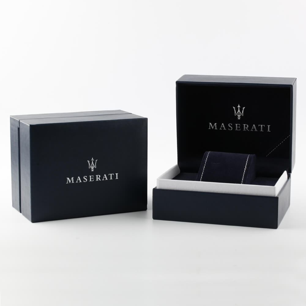 Maserati Traguardo watch with black presentation box and protective pouch