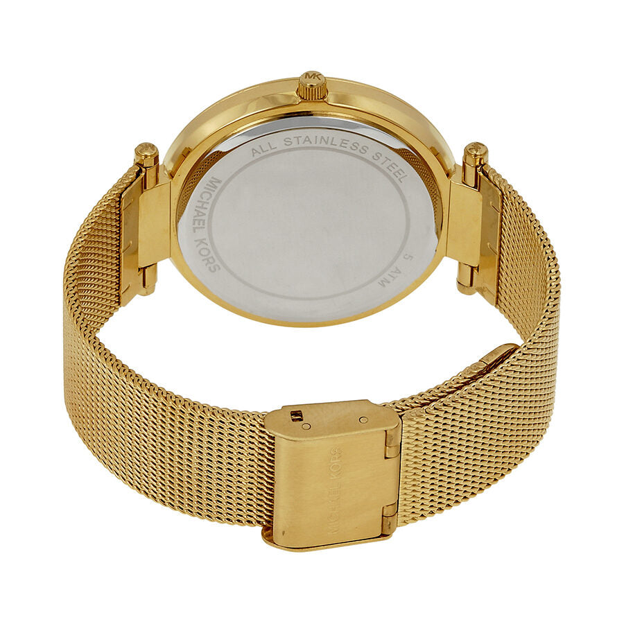 Michael Kors Darci watch back case showing stainless steel caseback and mesh band