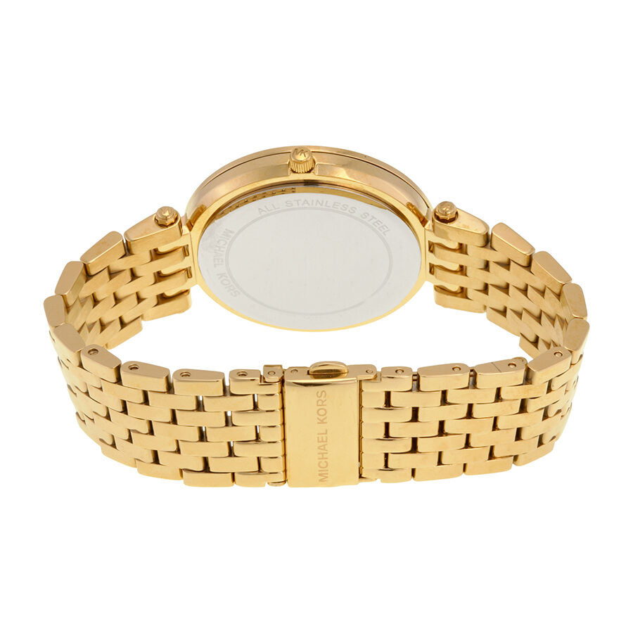 Michael Kors Darci watch caseback view showing gold-tone stainless steel bracelet