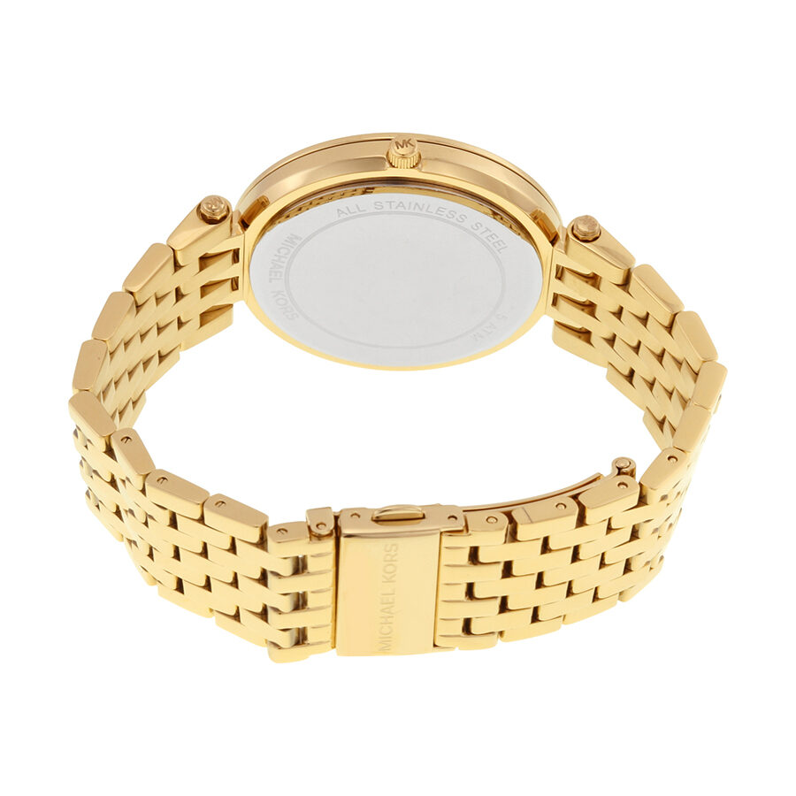 Michael Kors Darci watch caseback and gold bracelet detail