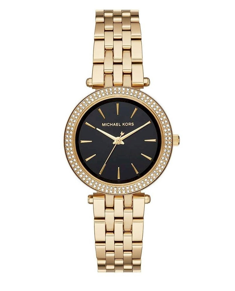 Michael Kors Darci watch angled view showing black dial and gold bracelet