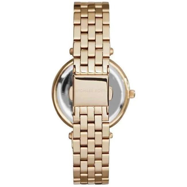 Michael Kors Darci watch caseback showing gold tone case and bracelet detail