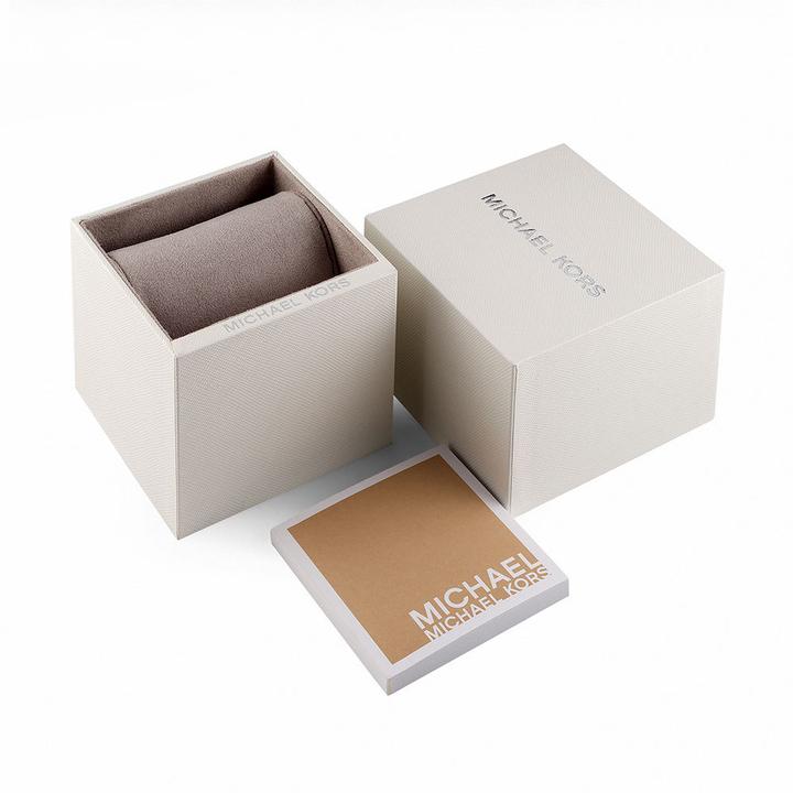 Michael Kors Darci watch presentation box with cream colored packaging and dust bag