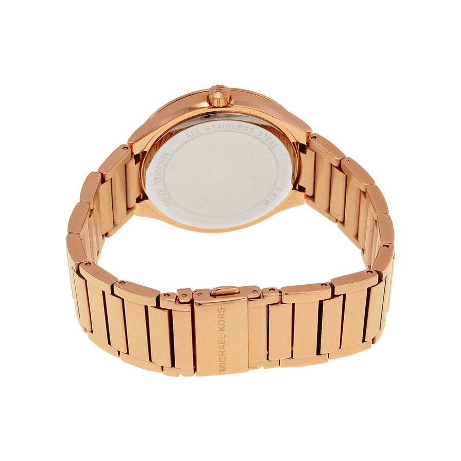 Back of Michael Kors Kerry watch showing rose gold-tone case back and bracelet