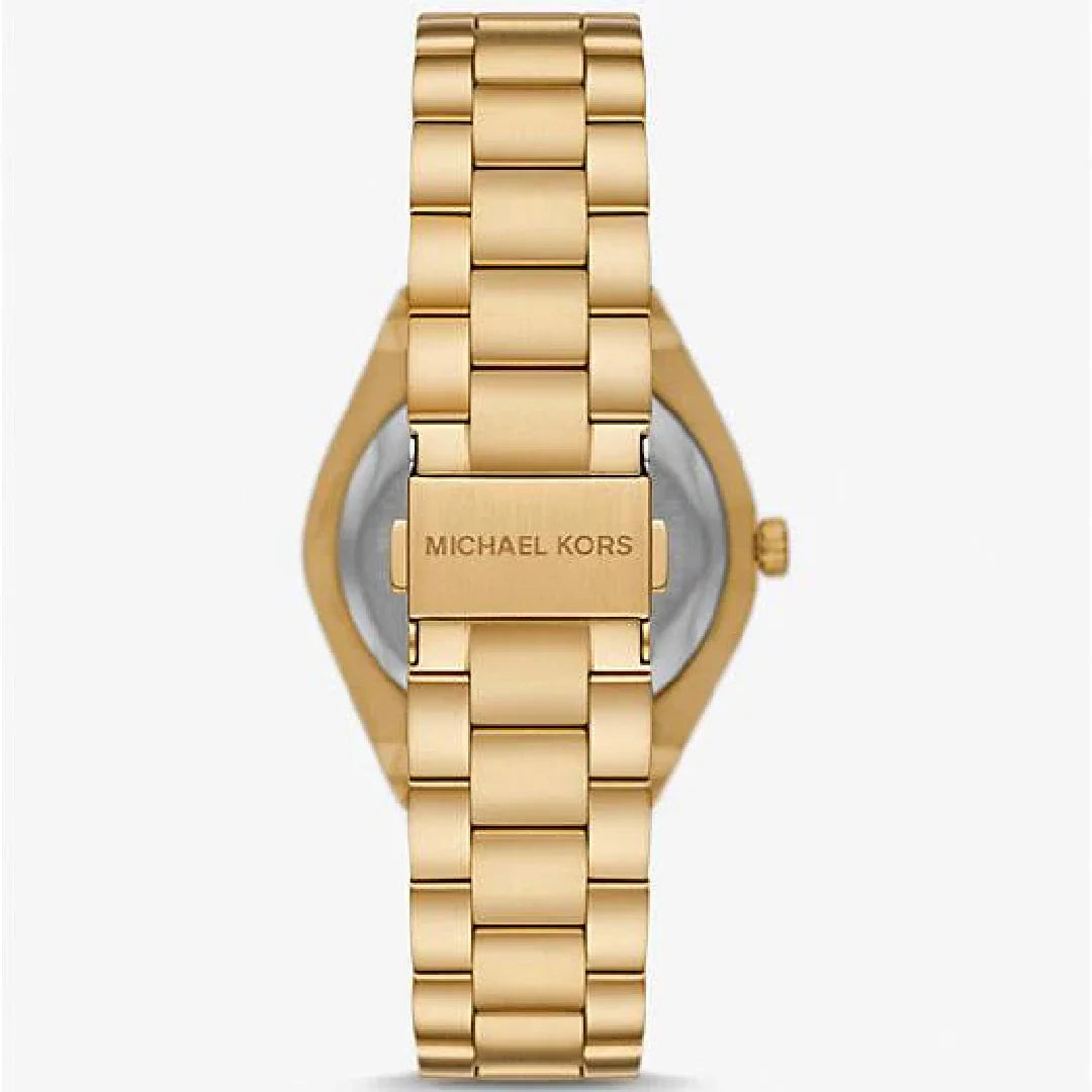 Michael Kors Lennox gold watch showing case back and link bracelet strap