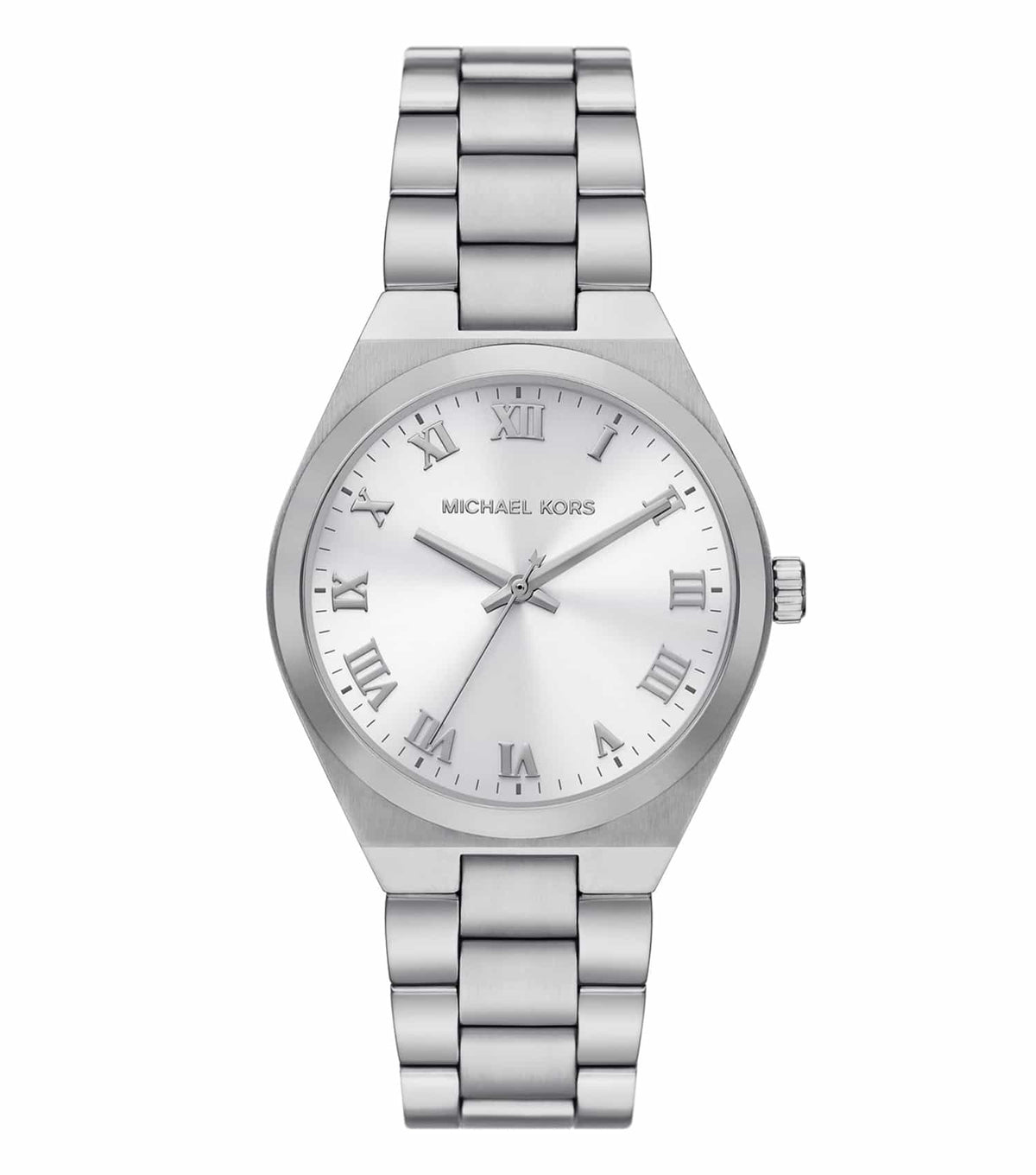 Michael Kors Lennox MK7393 silver-tone women's watch with white dial and Roman numerals