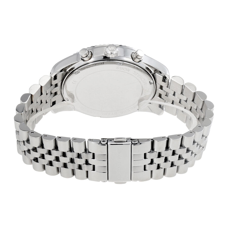 Back view of Michael Kors Lexington watch showing caseback and metal bracelet