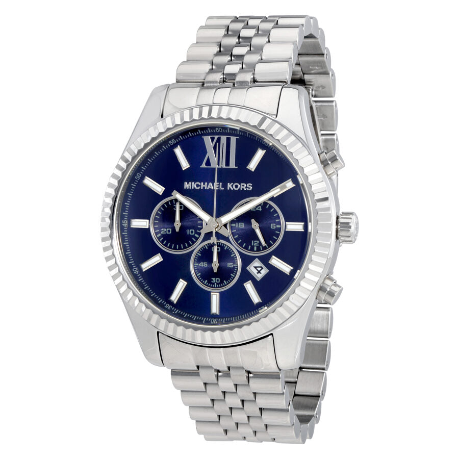 Michael Kors Lexington chronograph watch with navy dial, silver-tone case, and metal bracelet