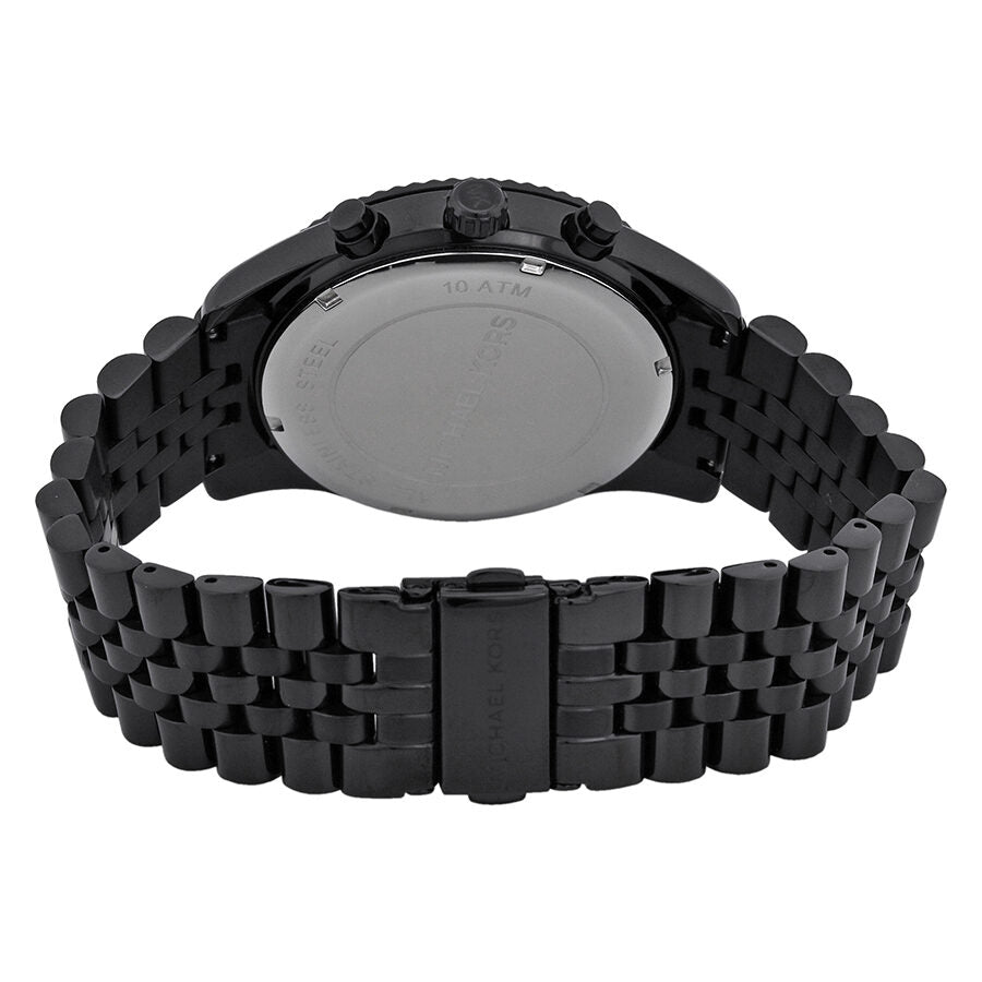 Back view of Michael Kors Lexington watch showing caseback with black stainless steel bracelet