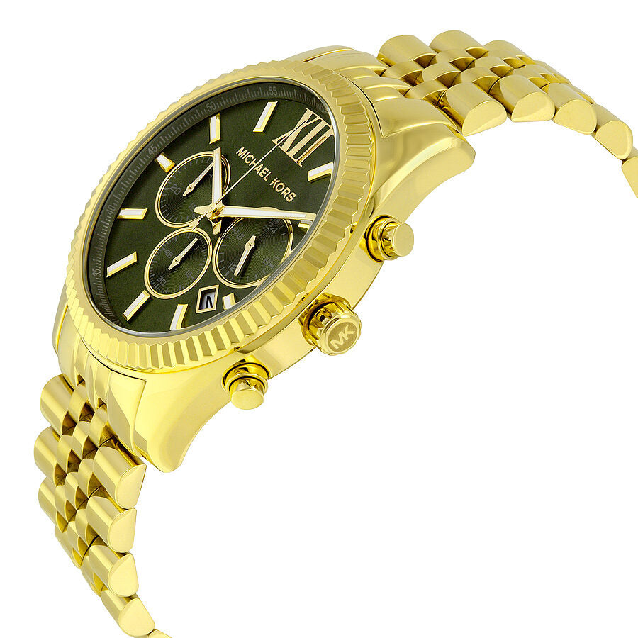 Michael Kors Lexington watch side view showing gold bracelet and chronograph subdials