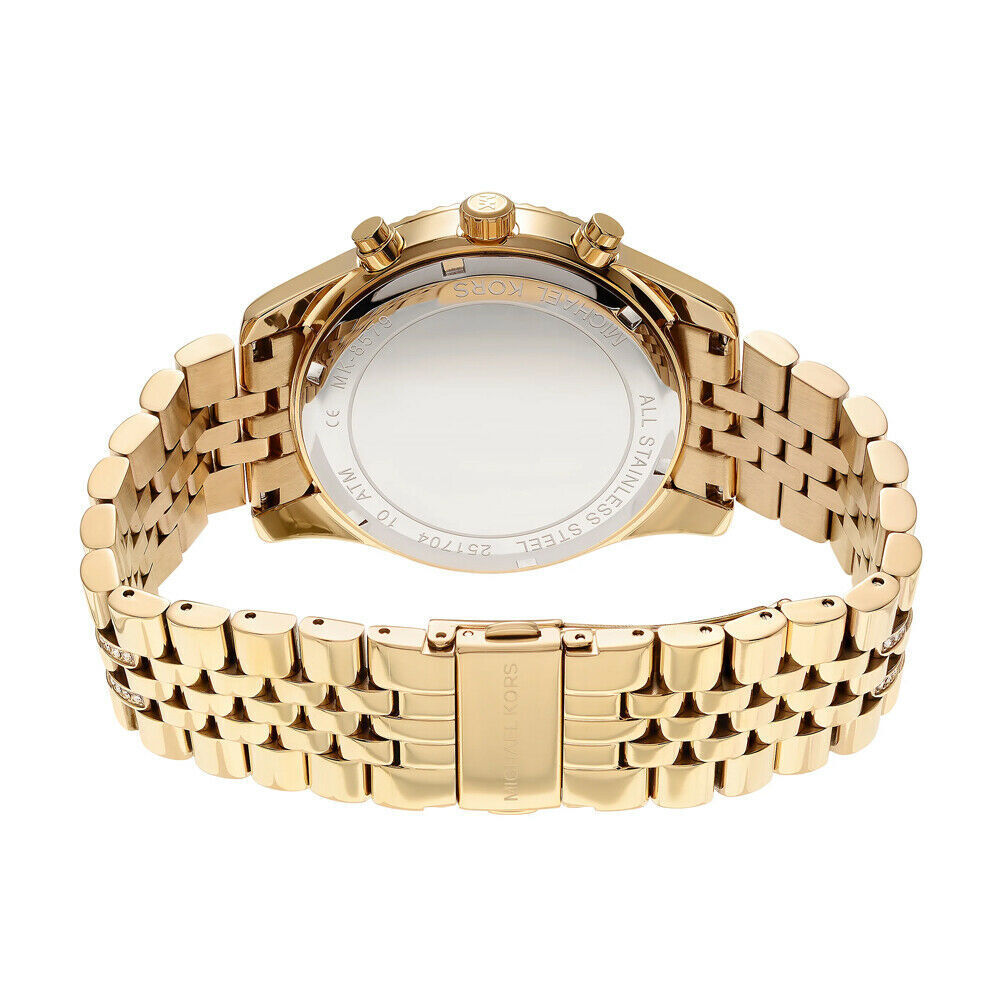 Michael Kors Lexington MK8579 gold tone watch shown from rear case back view