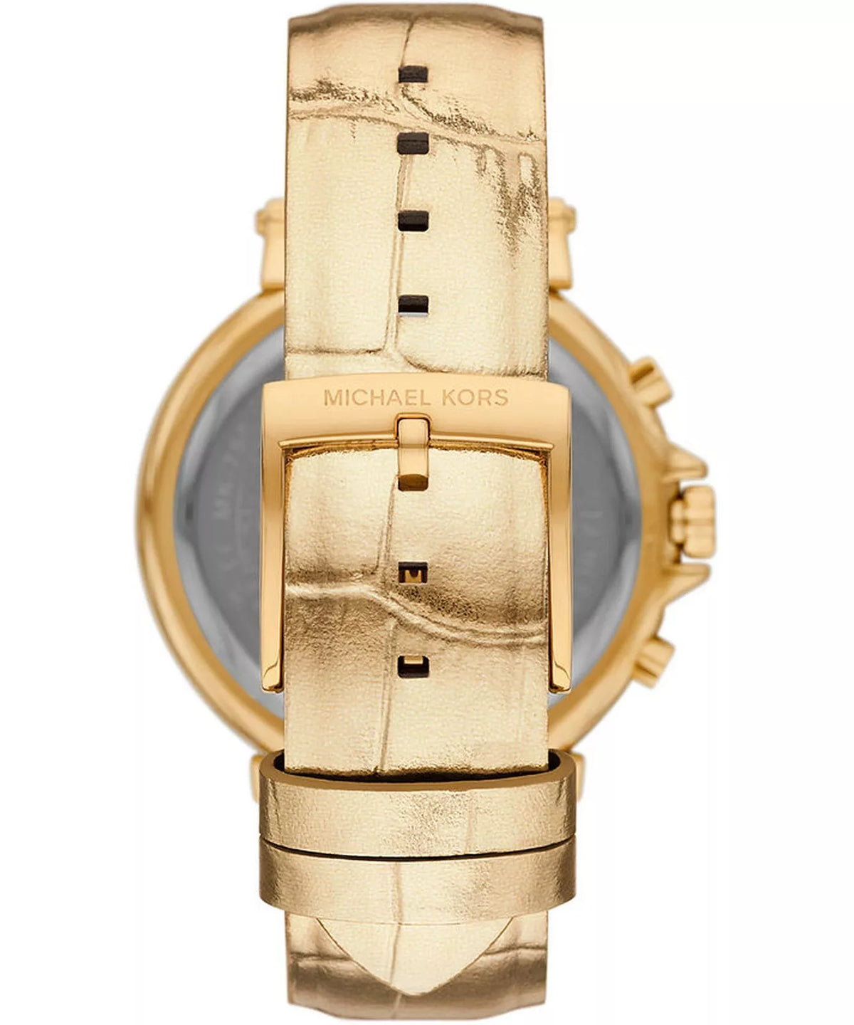 Michael Kors Maren watch caseback with gold tone case and leather strap