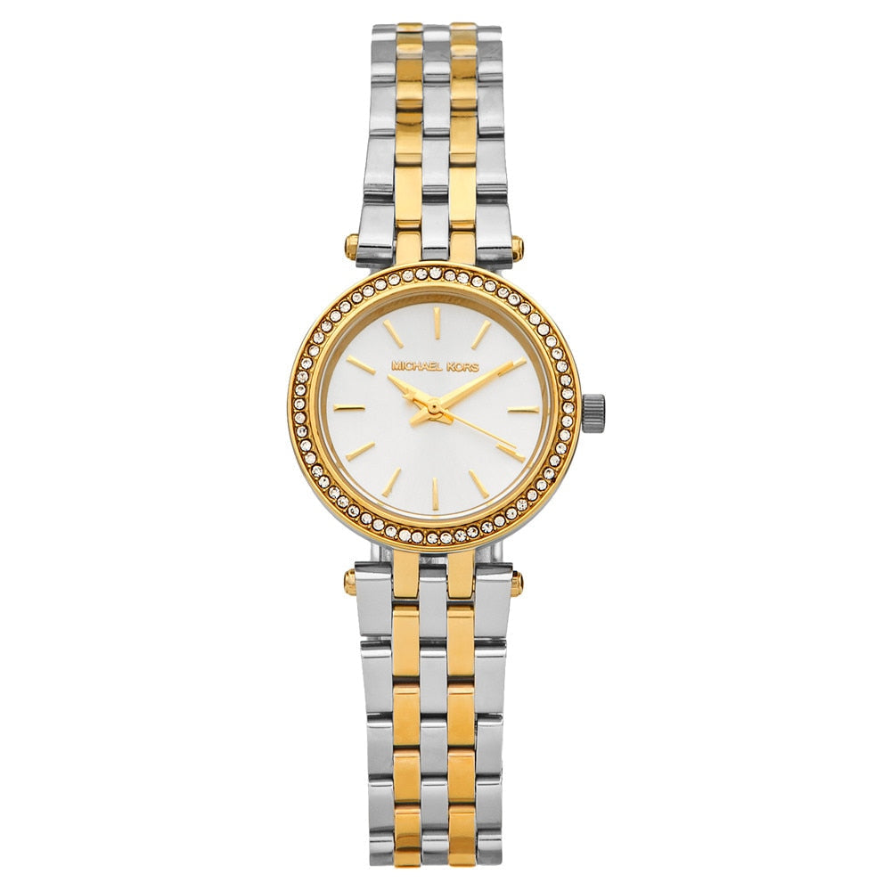 Michael Kors Mini Darci two tone women's watch with silver dial, crystal bezel, and mixed metal bracelet