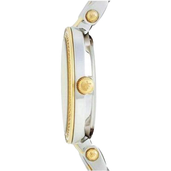 Side profile of Mini Darci watch showing two tone bracelet and case thickness