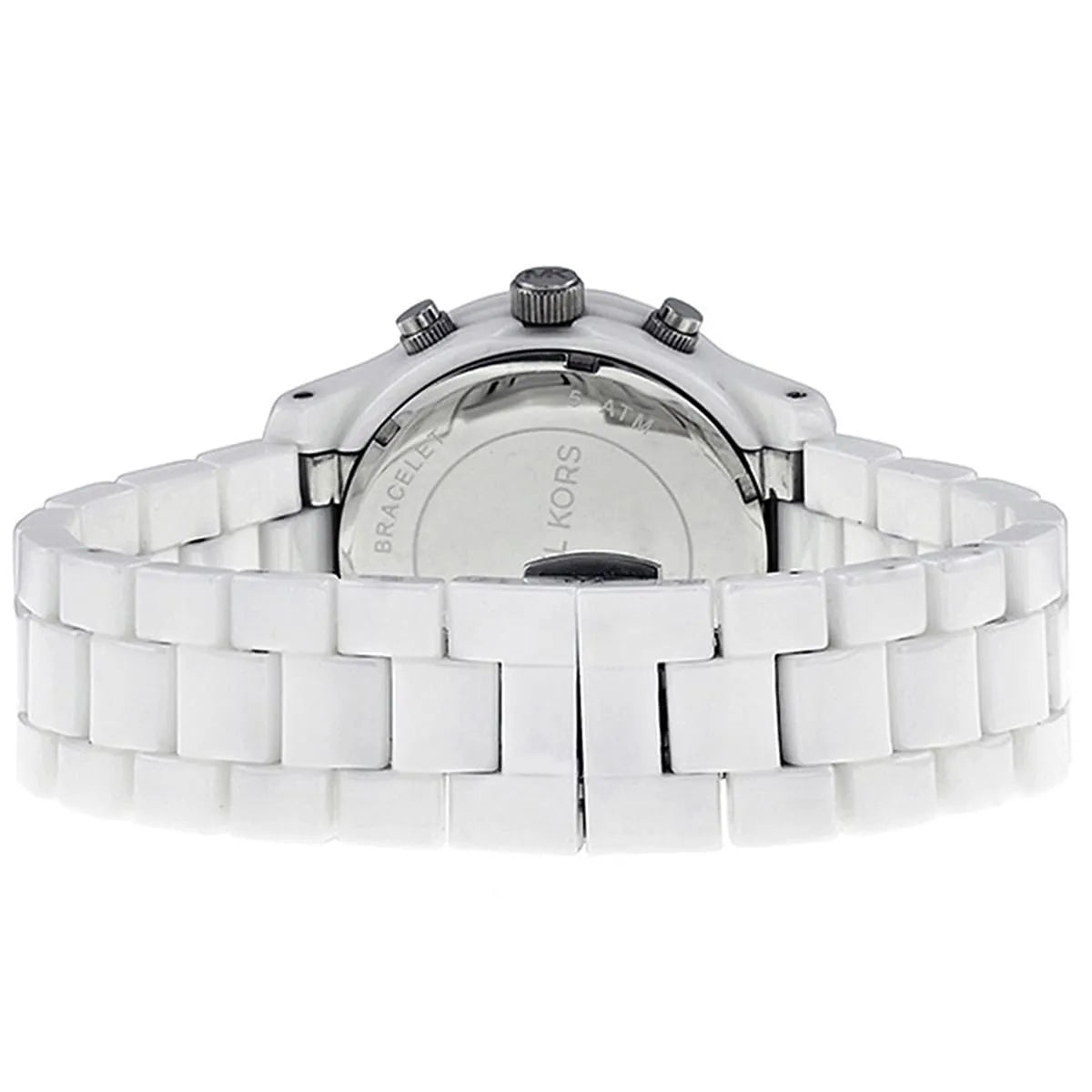 Caseback view of Michael Kors MK5161 white chronograph watch with visible metal case