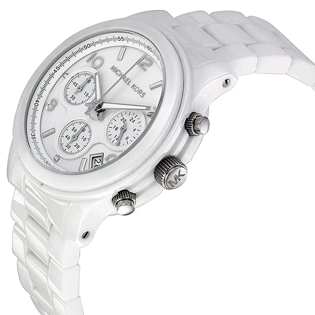 Side profile of Michael Kors MK5161 white watch with chronograph pushers and ceramic strap