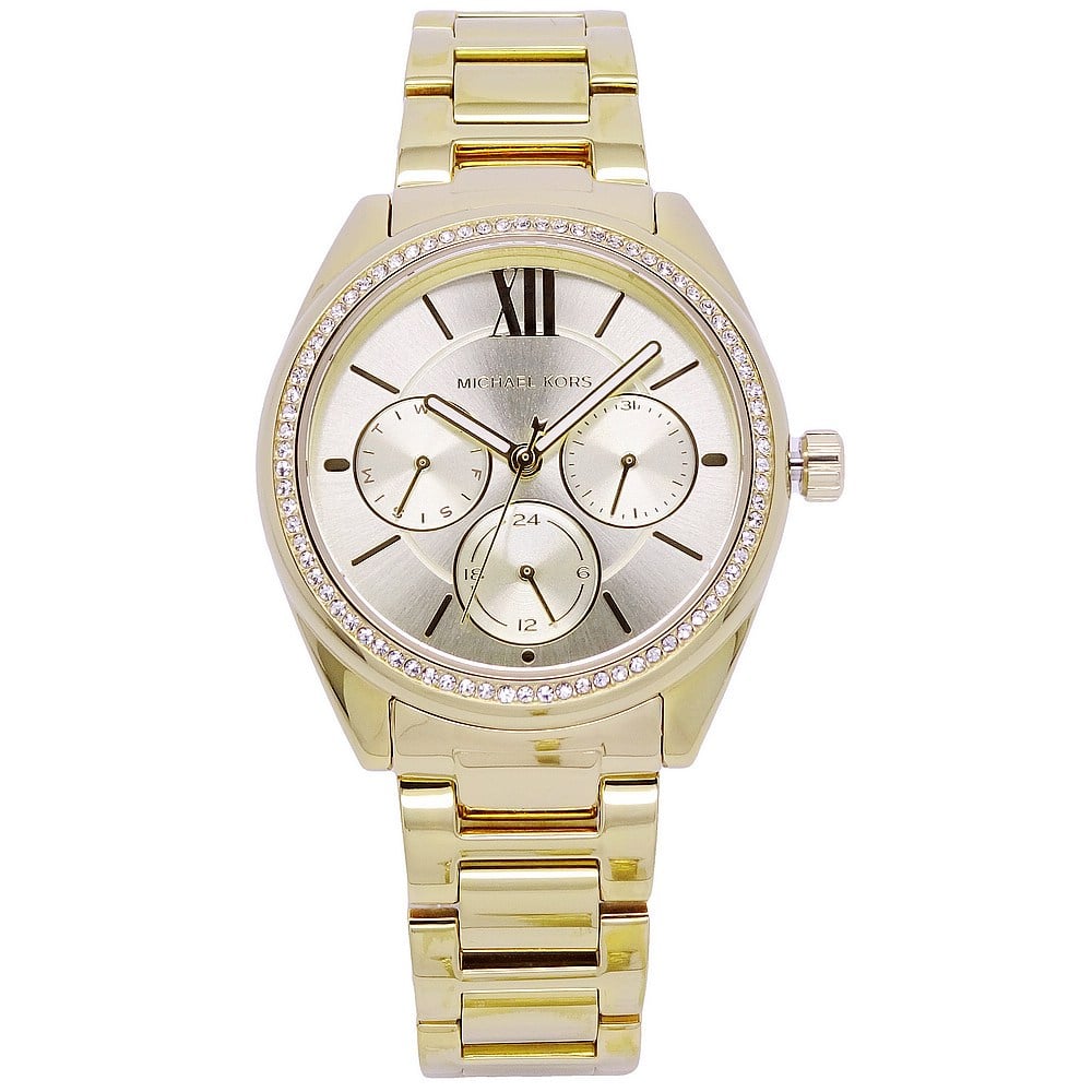 Michael Kors Slim Runway MK7090 gold-tone watch with silver dial, three subdials, and crystal bezel