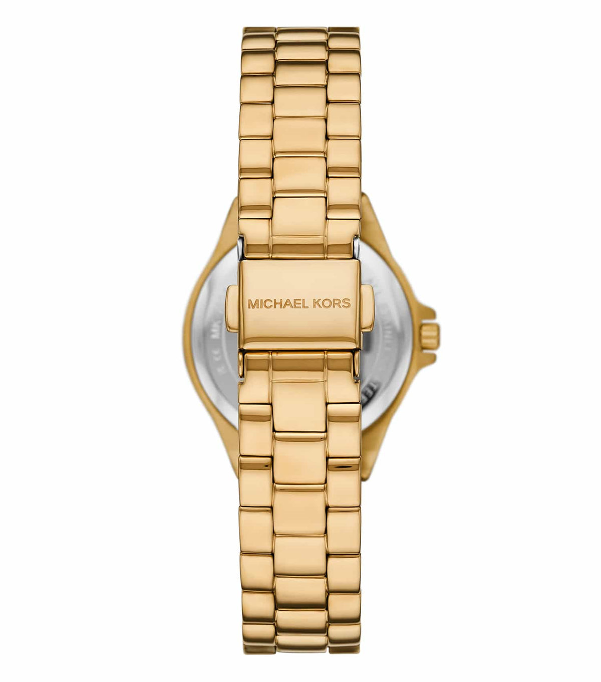 Gold-tone watch caseback with Michael Kors branding and integrated bracelet
