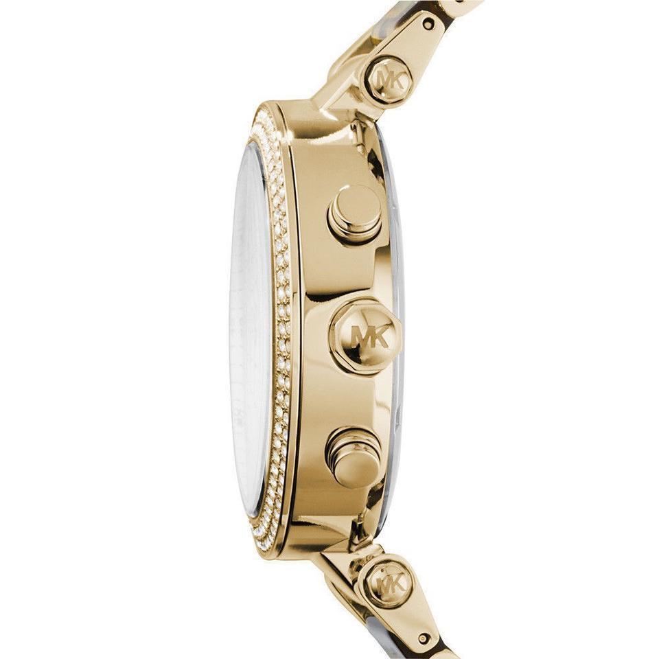Michael Kors Parker watch side view showing gold case profile and crystal-set bezel