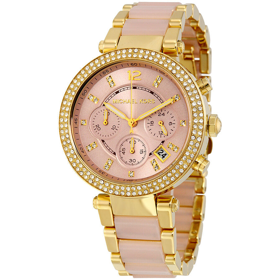 Michael Kors Parker gold-tone watch with pink dial and crystal-set bezel