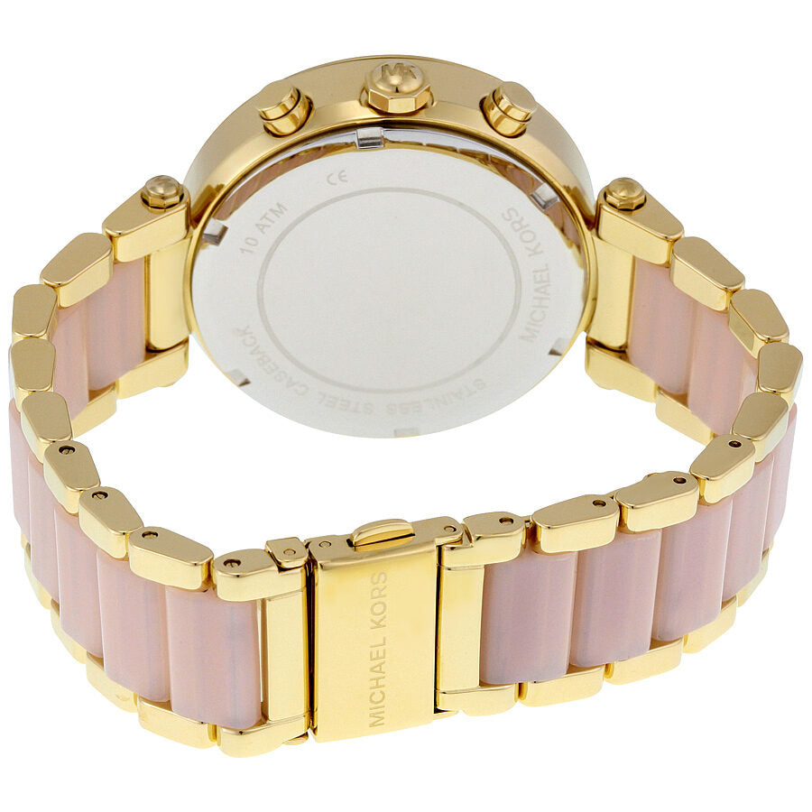 Back view of Parker watch showing caseback with pink and gold-tone bracelet