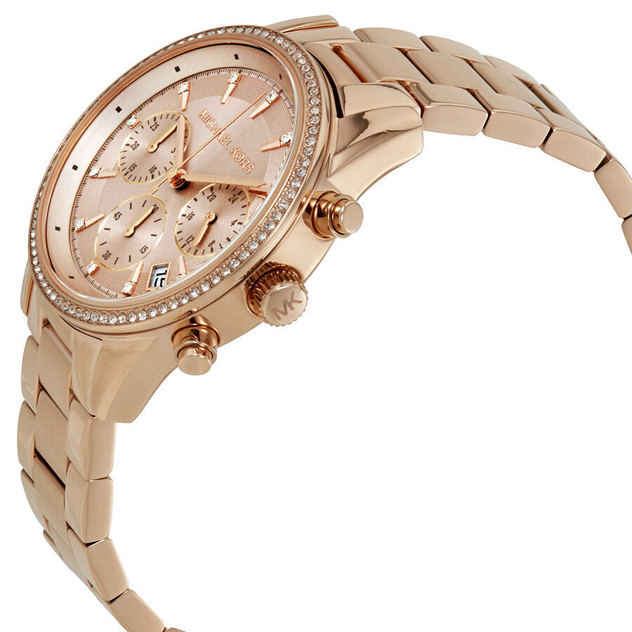 Michael Kors Ritz rose gold chronograph watch angled side view with link bracelet