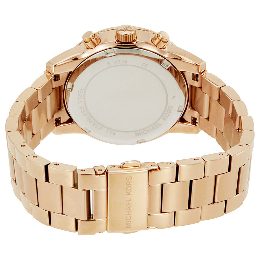 Michael Kors Ritz watch caseback showing rose gold stainless steel bracelet