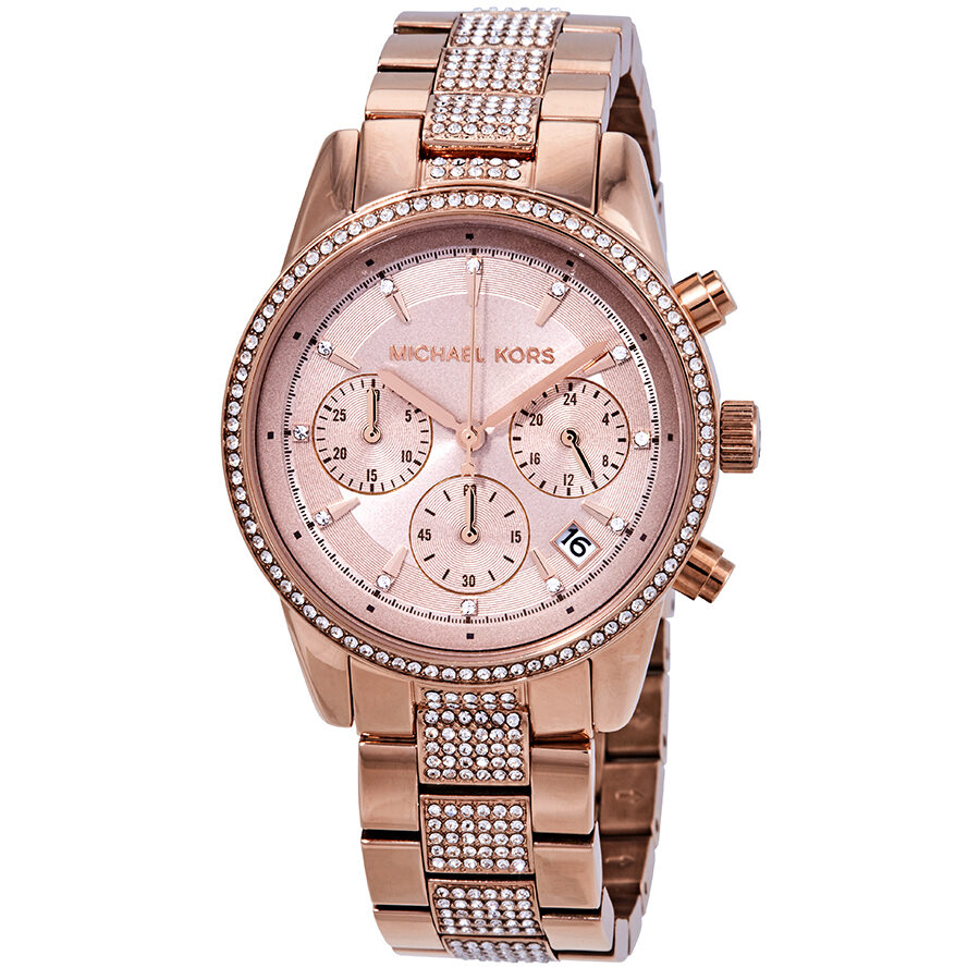 Michael Kors Ritz Pave Chronograph Crystal Rose Gold-Tone Women's Watch - MK6485
