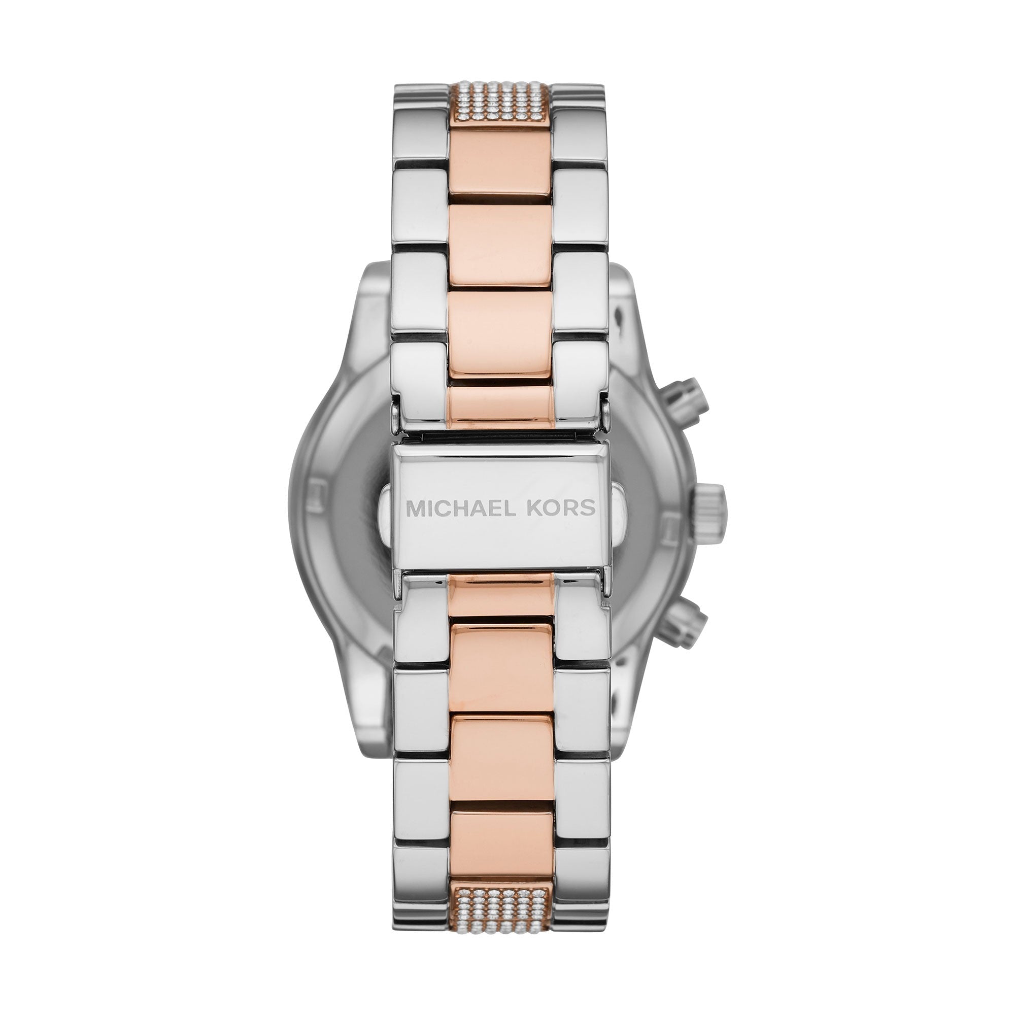 Caseback of Michael Kors Ritz watch with two-tone bracelet and MICHAEL KORS engraving