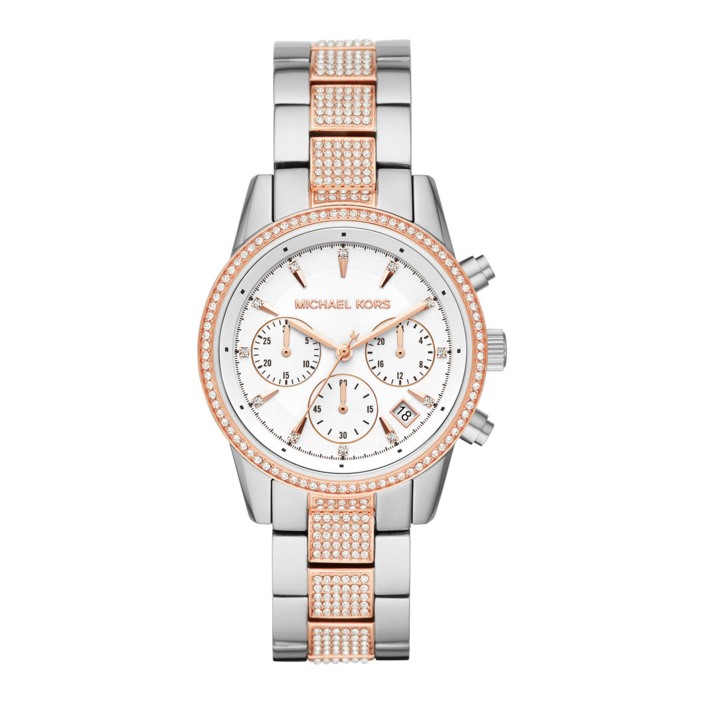 Michael Kors Ritz two-tone chronograph watch with white dial and pavé bezel
