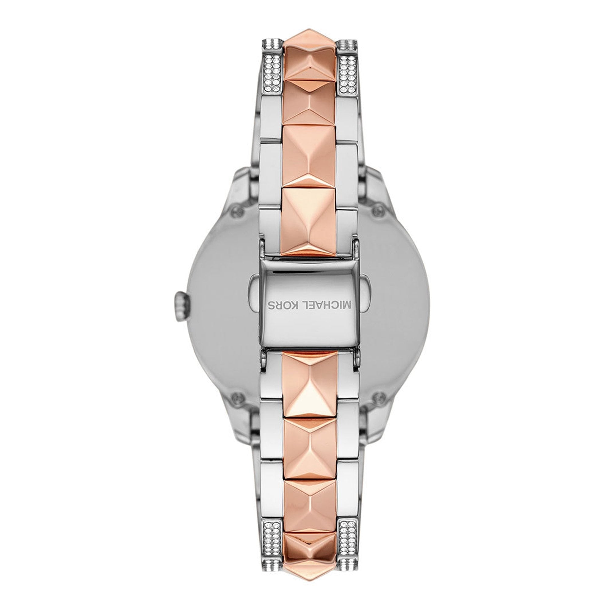 Case back view of Michael Kors Runway Mercer watch showing two-tone rose gold and silver design