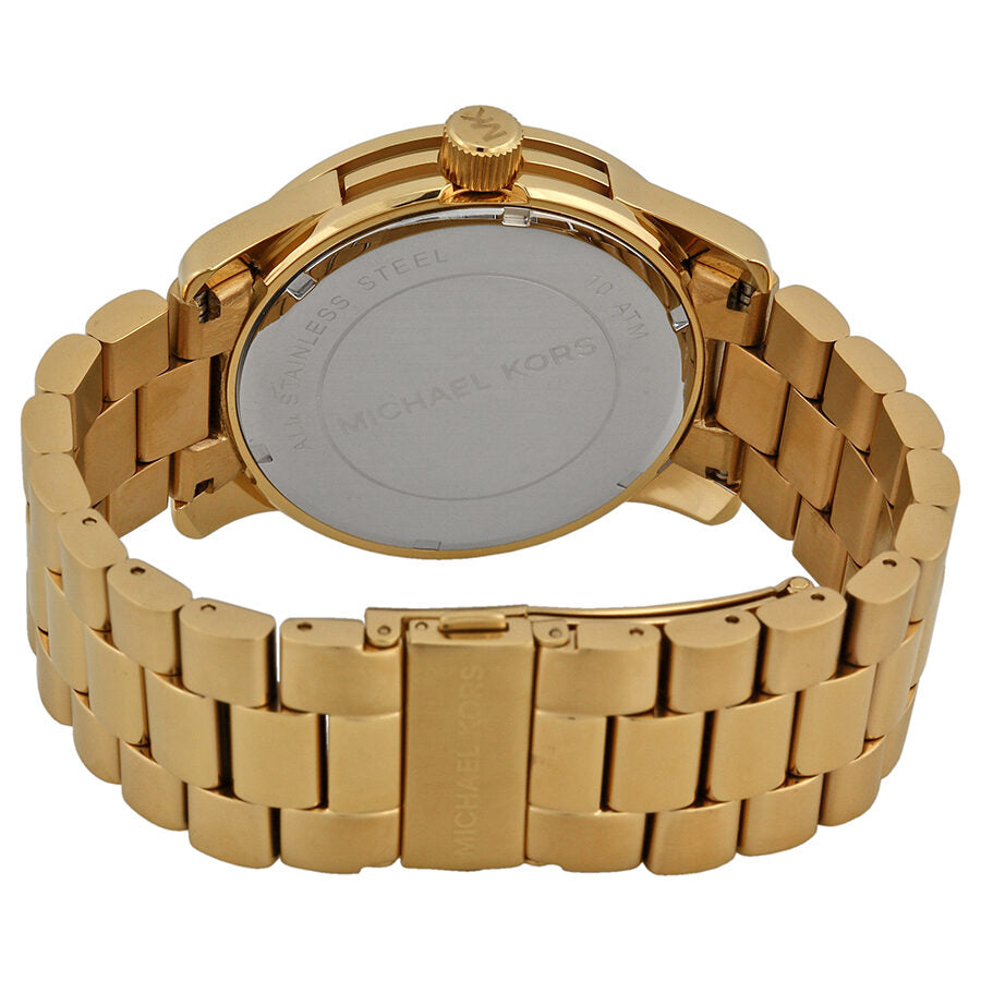 Michael Kors Runway watch caseback showing gold-tone stainless steel bracelet