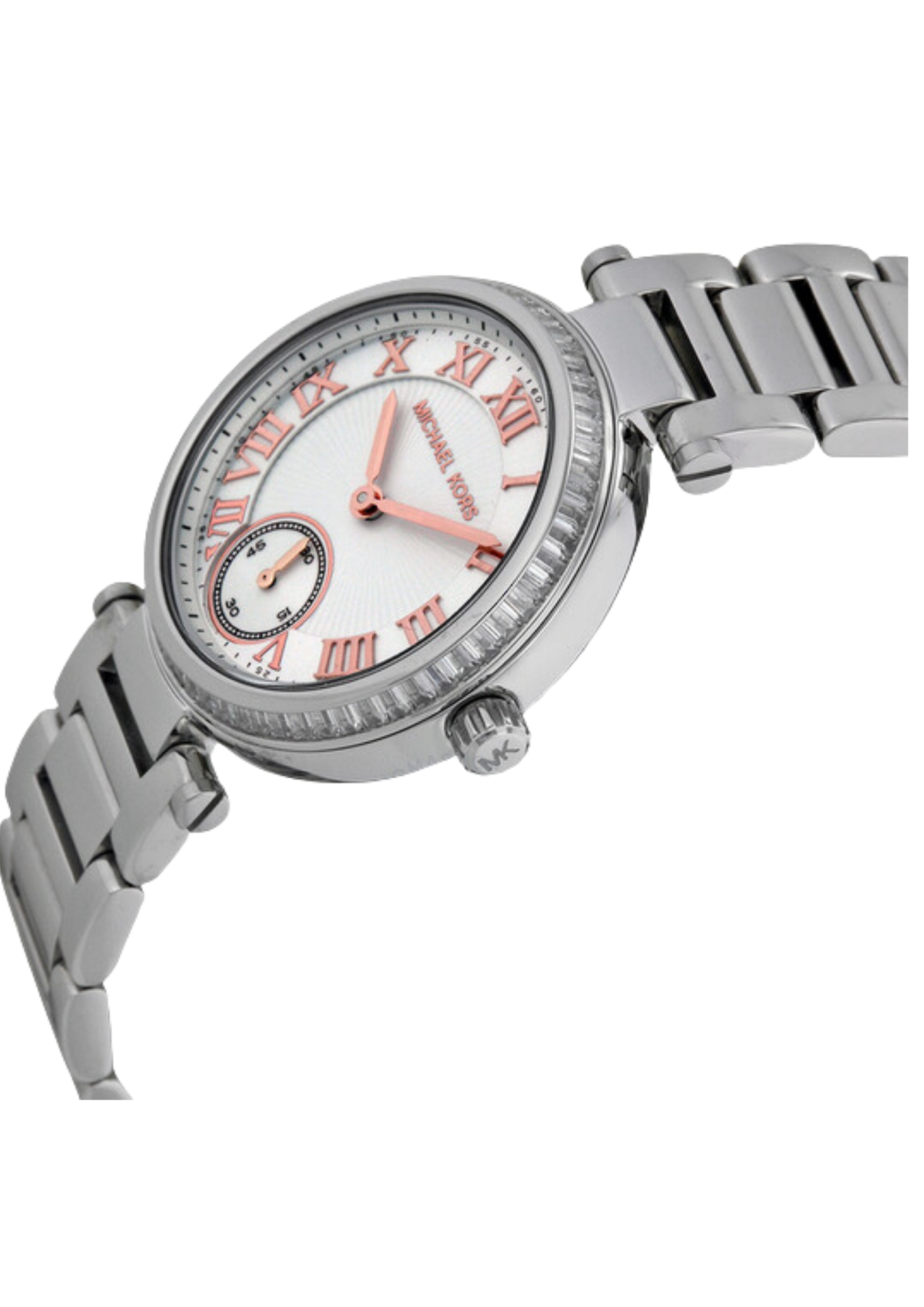 Angled view of Michael Kors Skylar watch showing silver bracelet and dial detail with rose accents