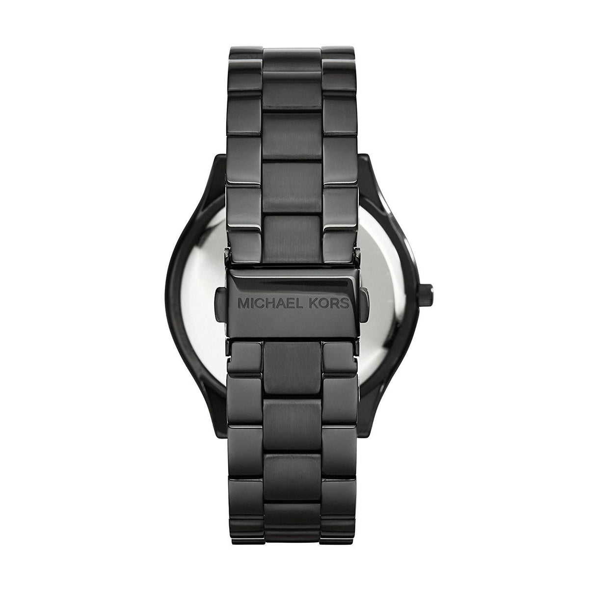 Michael Kors Slim Runway watch side profile showing black three-link metal bracelet