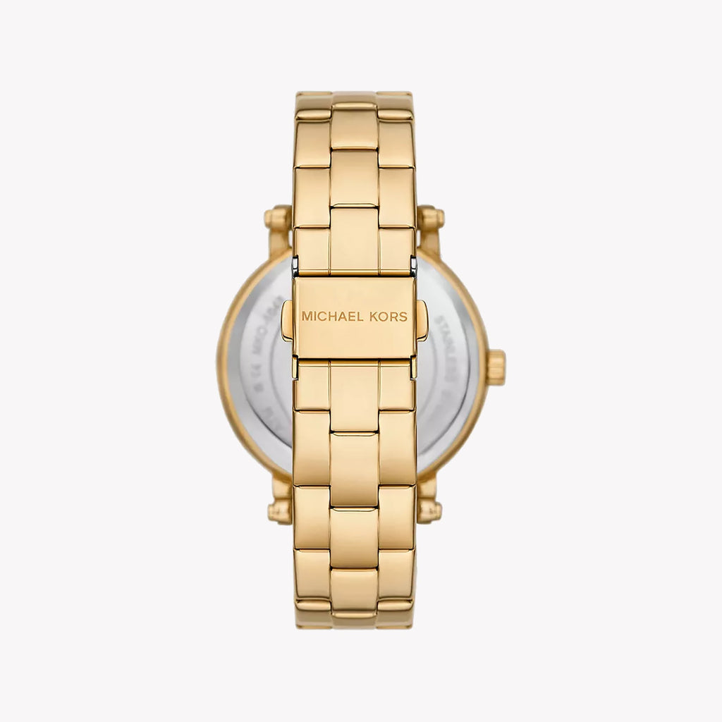 Caseback view of Michael Kors Slim Runway watch with gold bracelet attachment