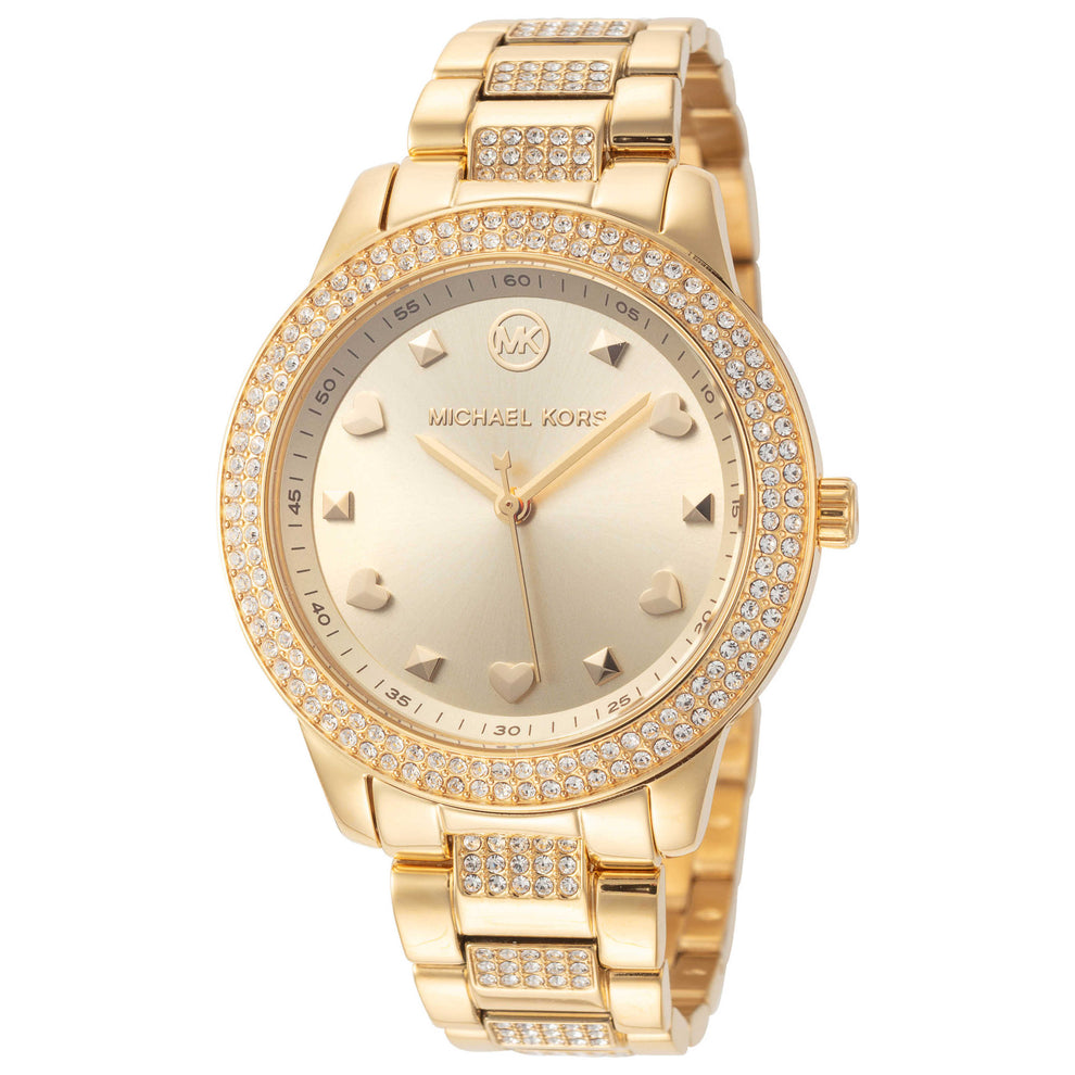 Michael Kors Tibby gold watch with crystal-set bezel, gold dial, and diamond-accented bracelet
