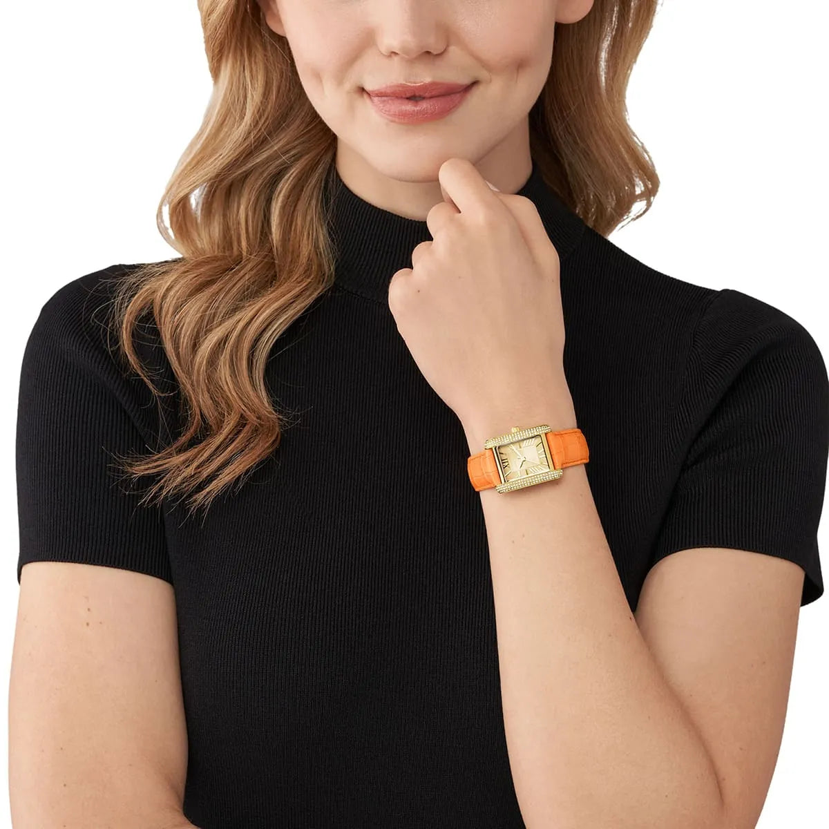 Michael Kors Emery Pavé Gold-Tone and Orange Leather Strap Women's Watch - MK2983