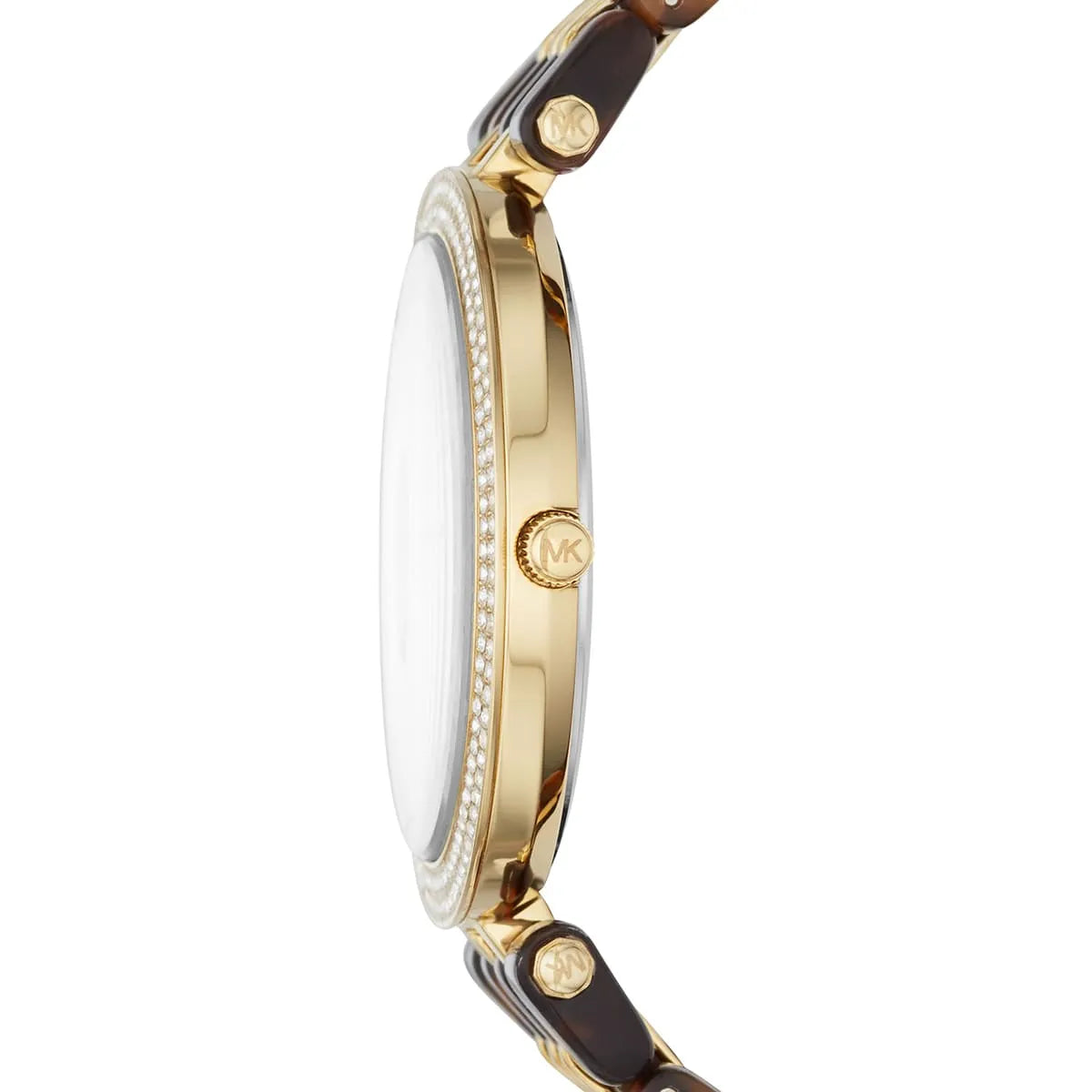 Side profile of Michael Kors Darci watch showing case depth and strap
