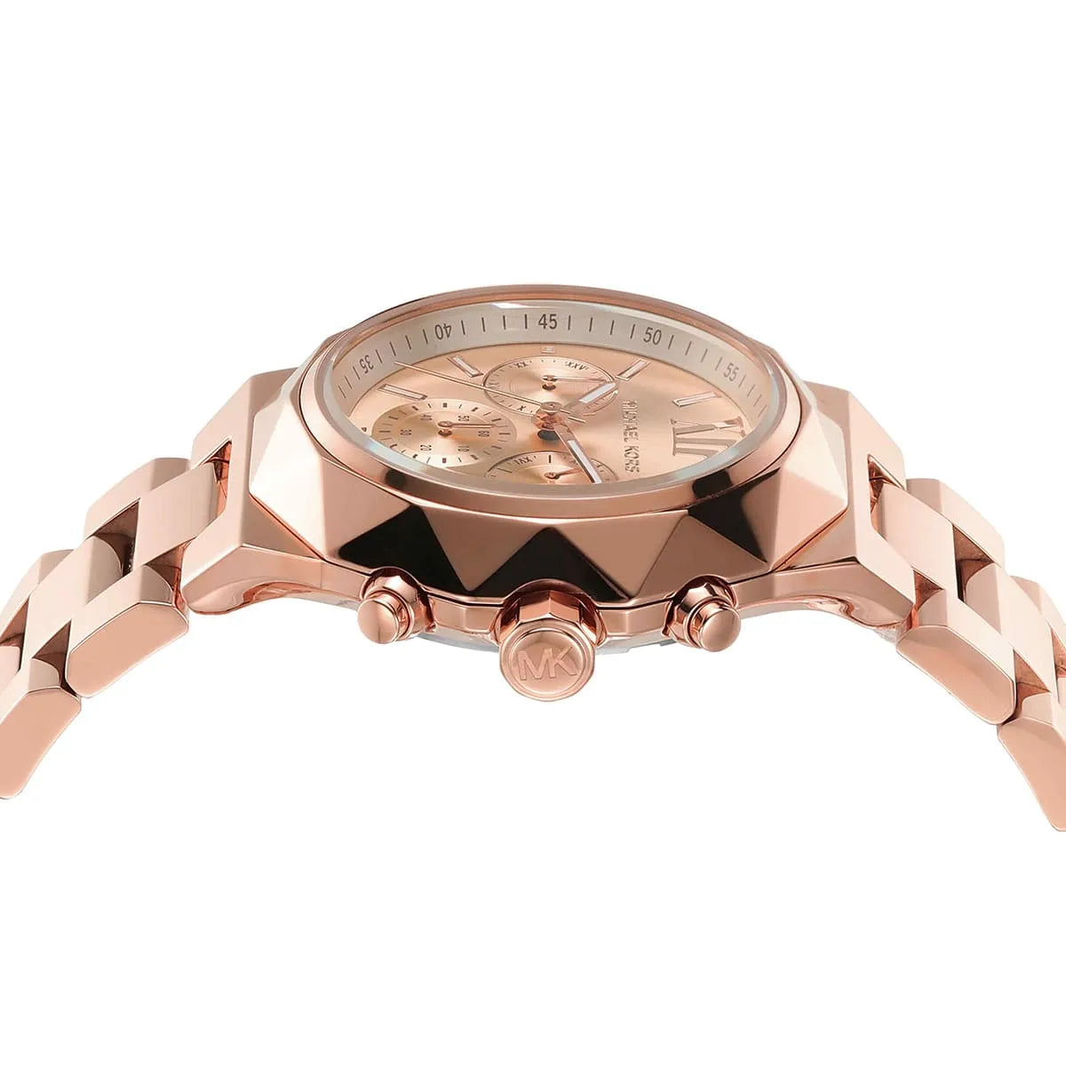 Michael Kors Raquel rose gold chronograph watch showing case detail with three subdials and Roman numerals