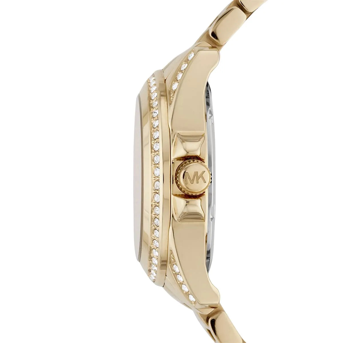 Michael Kors Blair watch side view showing gold stainless steel case and crystal bezel detail