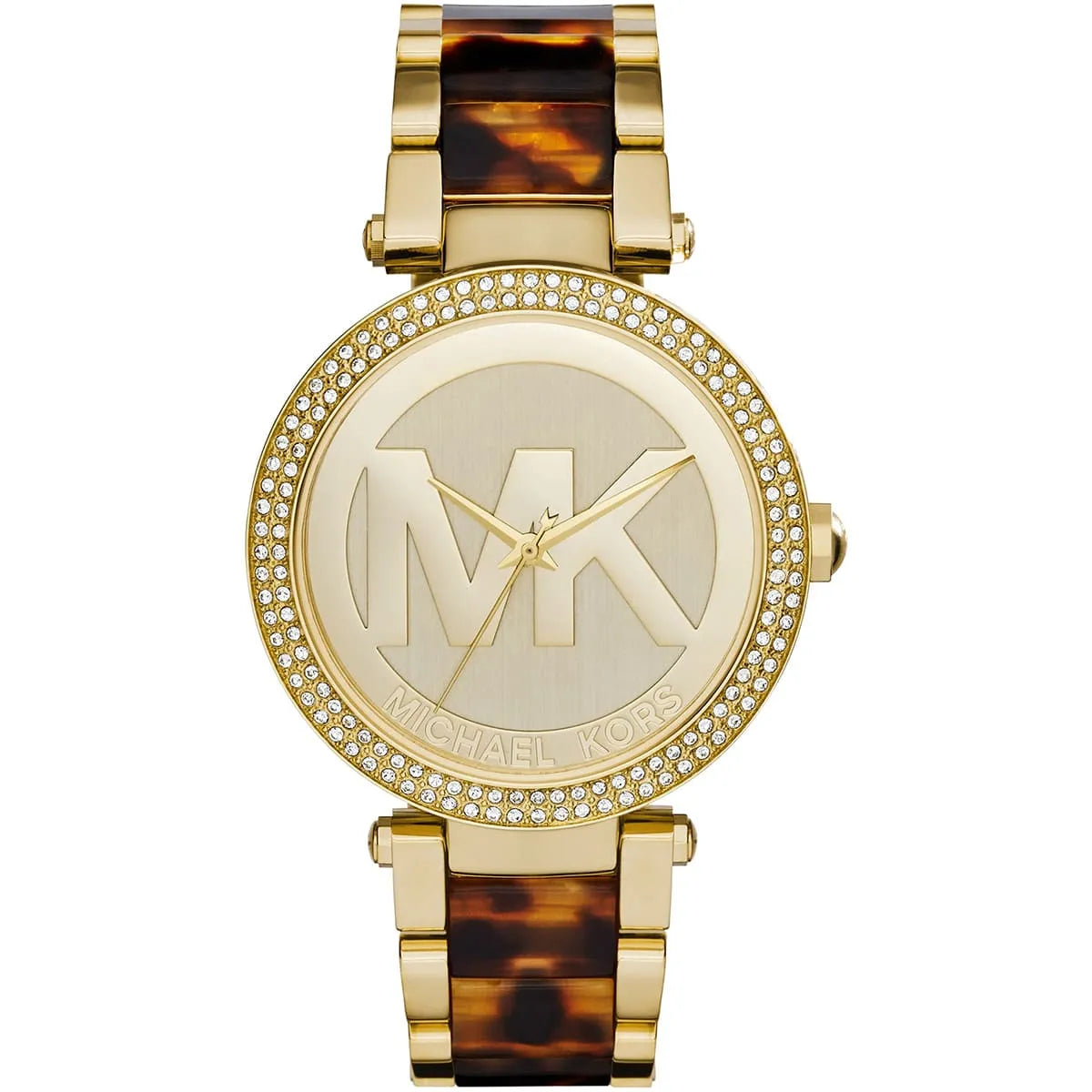 Michael Kors Parker women's watch with gold case, crystal-set bezel, cream dial with MK logo, and tortoise acetate strap