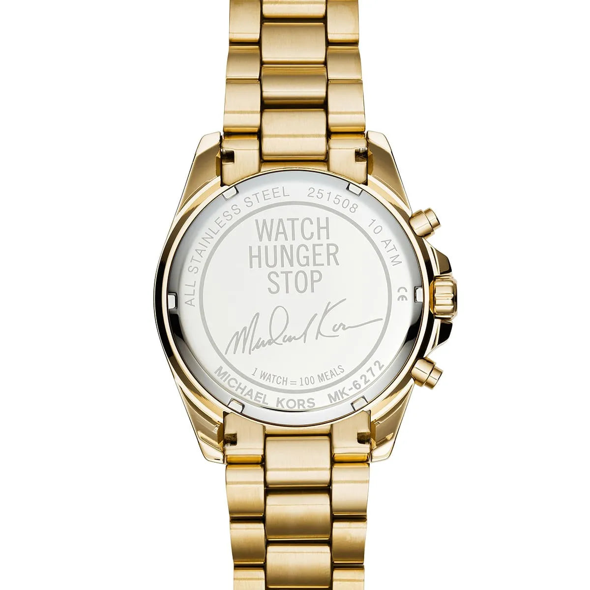 Caseback of Michael Kors Bradshaw MK6272 with Watch Hunger Stop engraving and specifications
